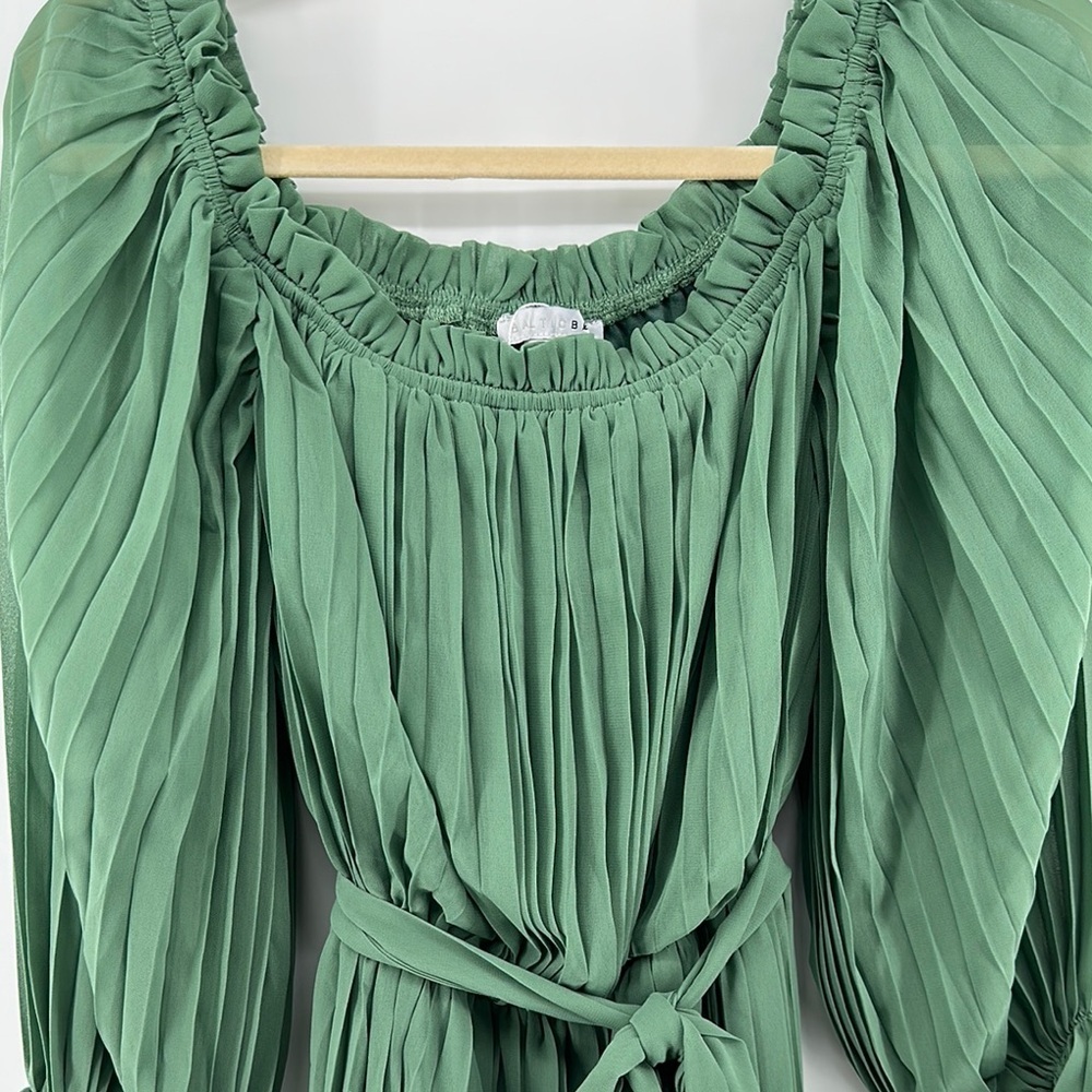 Baltic Born Green Long Sleeve Bishop Elastic Waist with Fabric Belt Sundress SzL - Picture 6 of 15